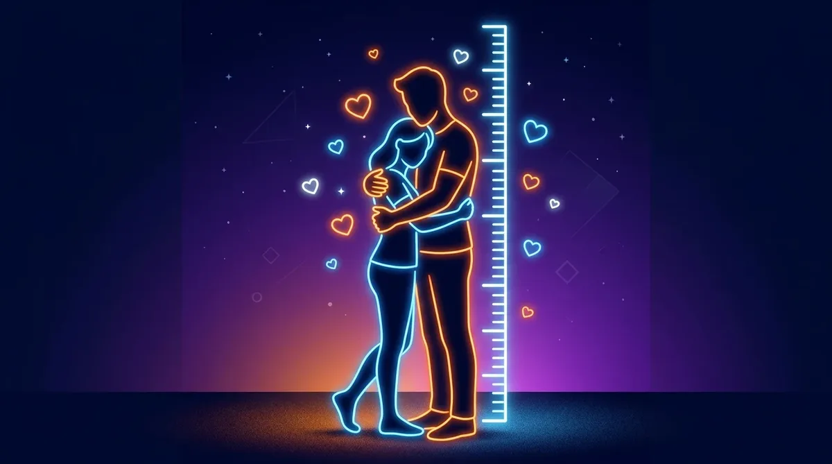 A tall person and a shorter person hugging, drawn to scale next to a height ruler