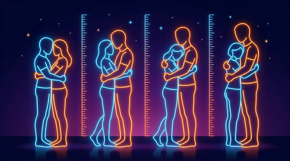 Four couples hugging with different height differences: same height, head under the chin, head on the shoulder and head on the chest